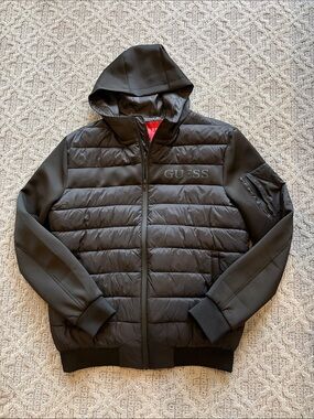 GUESS Men's Black Quilted Hooded Puffer Jacket